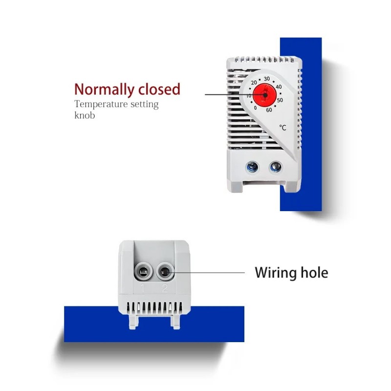 Skaptermostat for DIN-skinnemontering 0 → +60 °C, NC normalt lukket, 120Vac 230Vac Temperaturkontroll