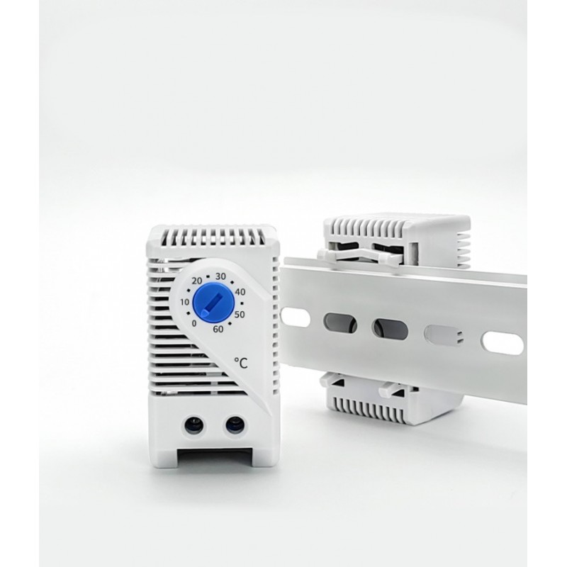 Skaptermostat 0 til 60°C, 230VAC DIN-montering nærkontakt NO funksjon