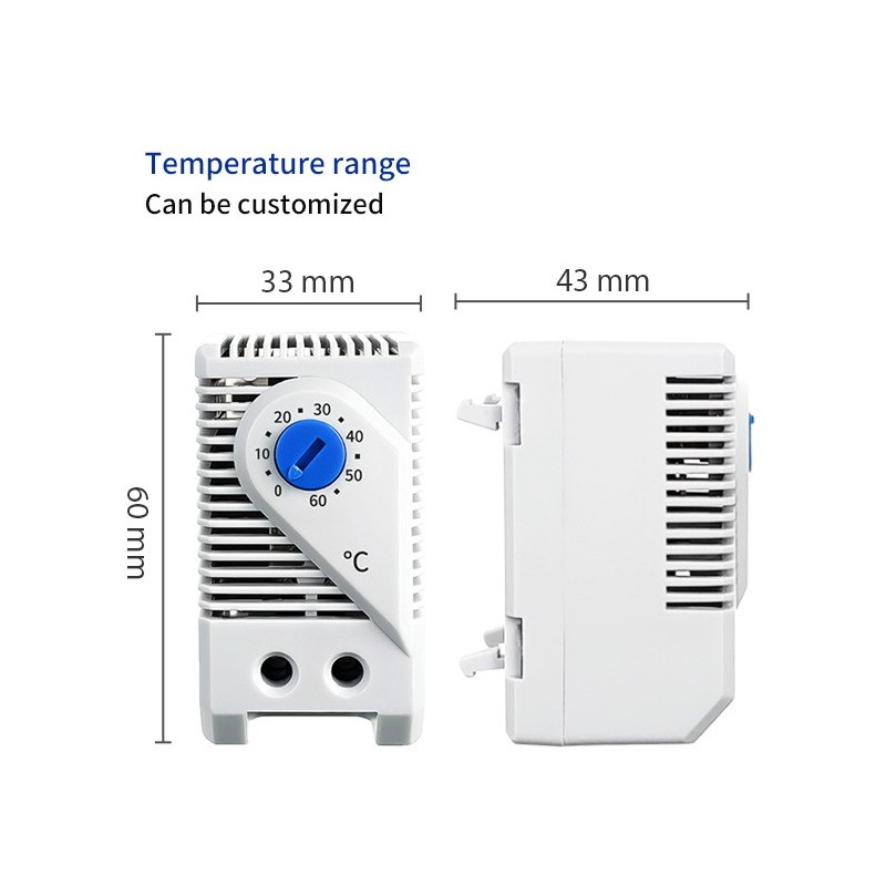 Cabinet Thermostat 0 to 60°C, 230VAC DIN mounting close contact NO function