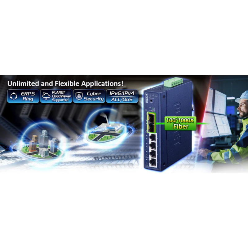 6 porter administrert bryter 4 x RJ45 10/100/1000 Mbps, 2 x 100/1000 Mbps SFP-spor. Redundant ring