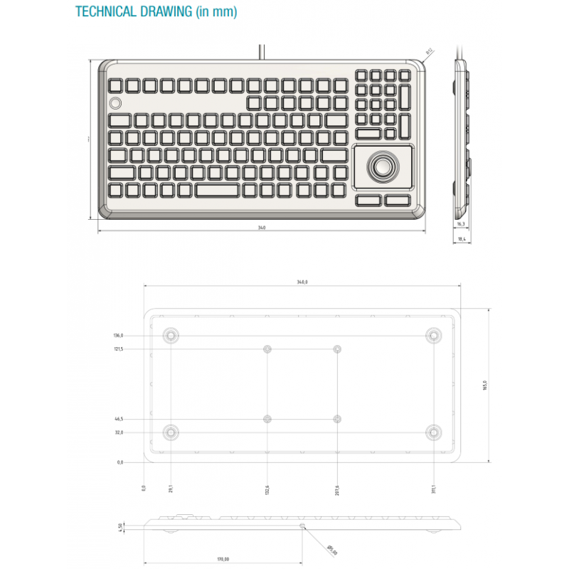 IP68 VESA Mini USB-tastatur med styrekulemus industriell, medisinsk, laboratorierengjøring med alkohol, aceton etc.