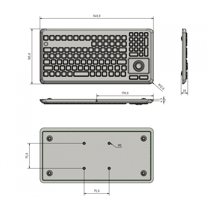 IP68 VESA Mini USB-tastatur med styrekulemus industriell, medisinsk, laboratorierengjøring med alkohol, aceton etc.