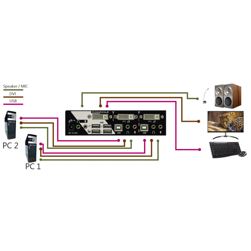 2 port KVM switch, 1 x DVI, USB, audio (Dual Link DVI), 2560 x 1600, USB-HID, EDID copy
