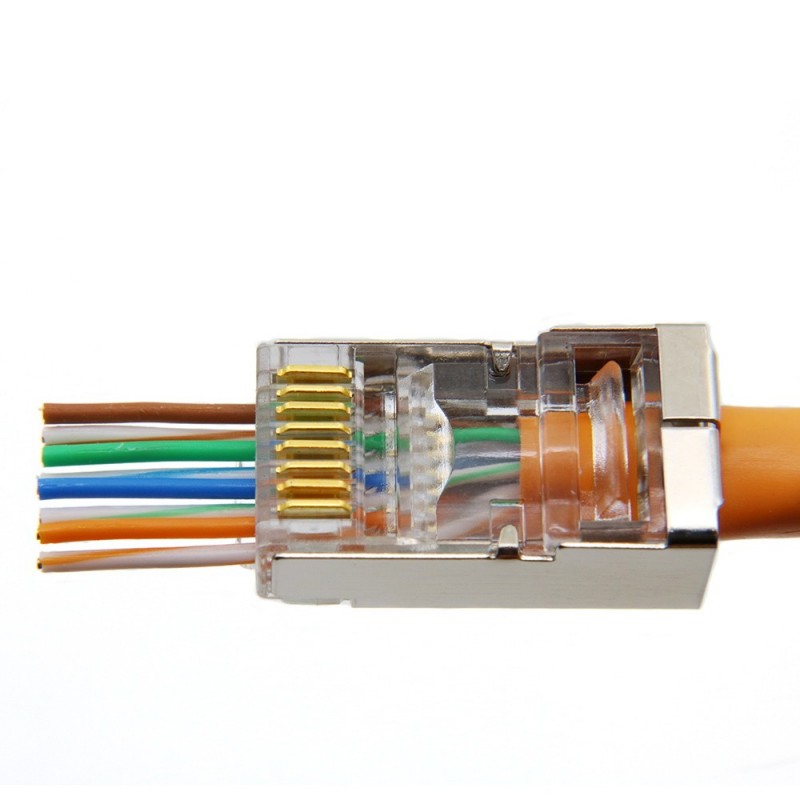 RJ45-kontakt Kat. 6 STP 1,1 mm. Med gjennomgang for kutting av ender