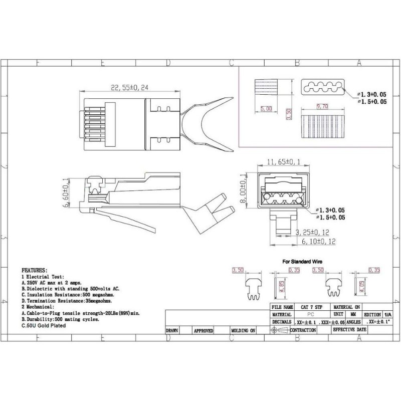 RJ45-kontakt: STP CAT6A/CAT7/CAT8, gullbelagt, 1,5 mm hull | Sølv