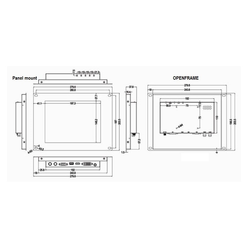 Panel mount Open frame 9,7" TFT Touchsskjerm HDMI, VGA, DVI, Composite 4:3