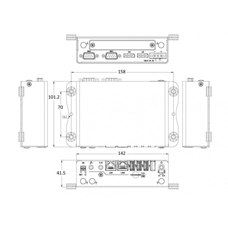 Vifteløs Embedded PC UL-godkjent sertifisert Celeron PC SIM, RS232,TPM 2.0, 2xDP Dual display