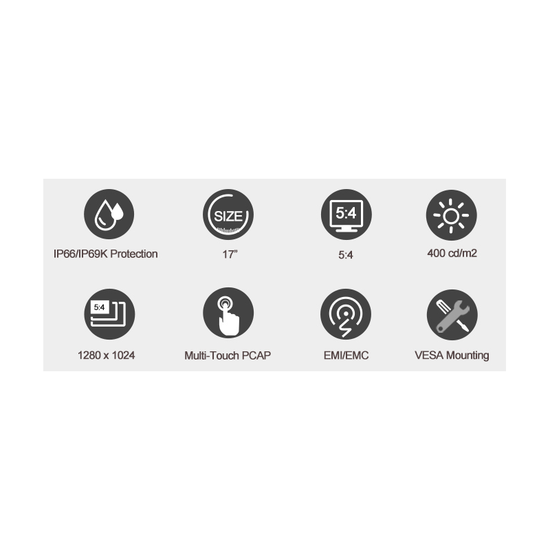 17" IP66/IK69 fullstendig forseglet industriell skjerm, 1280 x 1024, 5:4, 400 nits, HDMI, Multi-PCAP touch