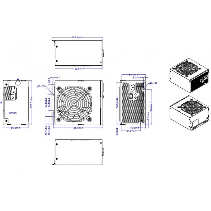 ATX PSU Strømforsyning 1200W, P4, PCIE, SATA kabler for ATX
