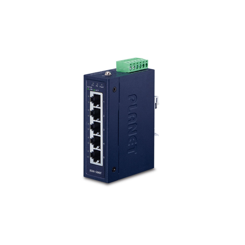5 port 100Mbit unmanaged compact switch with DIN bracket. 12 - 48VDC or 24VAC