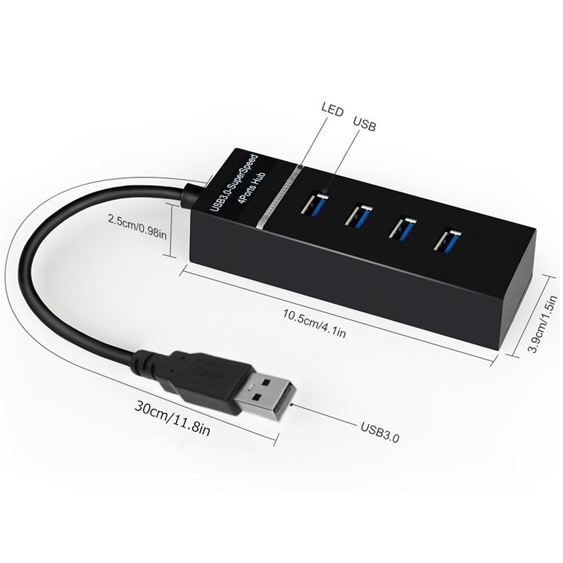 USB 3.0 4 porter Super Speed HUB, høyhastighets med LED-indikator, svart
