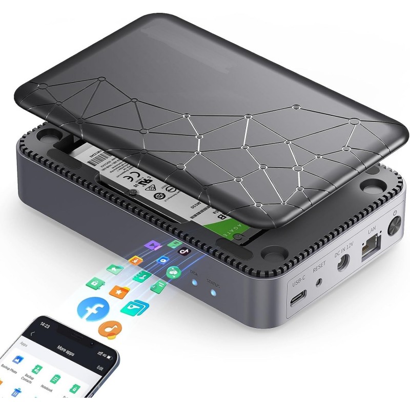 2.5 SATA SSD/HDD-kabinett med NAS-funksjon - 8TB kapasitet, USB3.2Gen1 Type-C, RJ45 1Gbps, SATA3.0 6Gbps