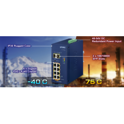 8 + 2 port Unmanaged Industrial switch, 8 x RJ45 Gigabit, 2 x 100/1000 Mbit SFP slot, PoE+