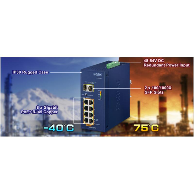 8 + 2 porter unmanaged industri switch, 8 x RJ45 Gigabit, 2 x 100/1000 Mbit SFP slot, PoE+