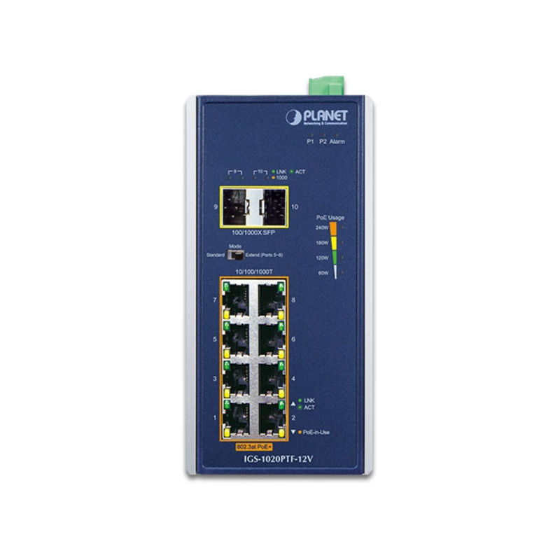 8 porter unmanaged industri switch, 8 x RJ45 Gigabit, 2 x 100/1000 Mbit SFP-spor, PoE+ spenning fra 12 - 54VDC