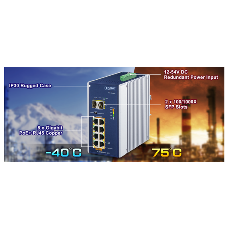 8 porter unmanaged industri switch, 8 x RJ45 Gigabit, 2 x 100/1000 Mbit SFP-spor, PoE+ spenning fra 12 - 54VDC