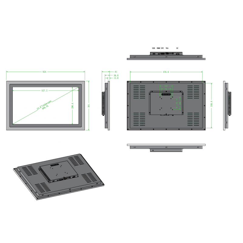 24" Panelmonitor TFT Touch, PCAP, Projisert berøring, VGA, HDMI, Stålfront, Medisinsk bruk Pharma bruk