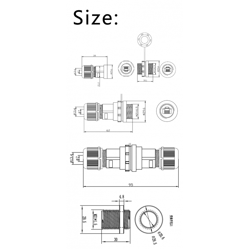 RJ45 IP67 waterproof feed-through connector for chassis and panel mounting, M20 mm