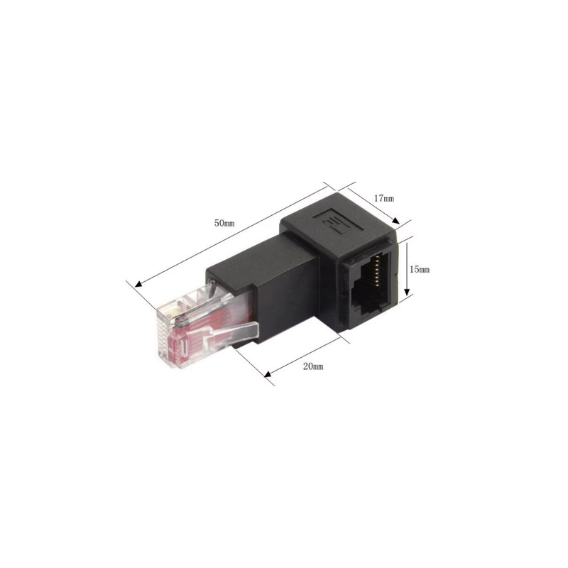 Upward angled 90° RJ45 network adapter without screen for UTP cables.