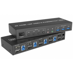 4-porter HDMI og DisplayPort KVM-svitsj, 4K, støtter multiskjerm, 3x USB