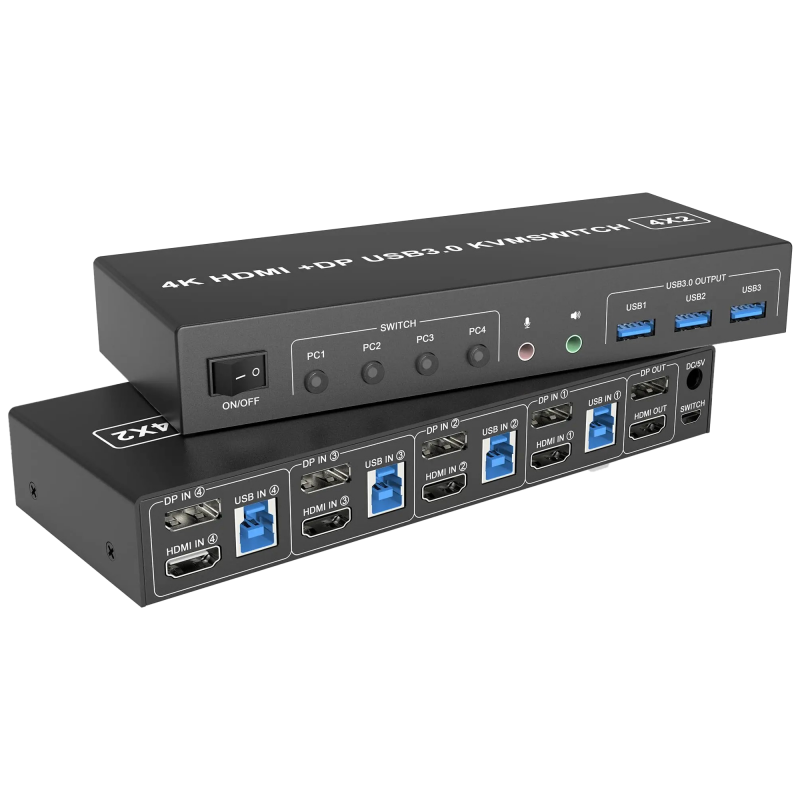 4-porter HDMI og DisplayPort KVM-svitsj, 4K, støtter multiskjerm, 3x USB