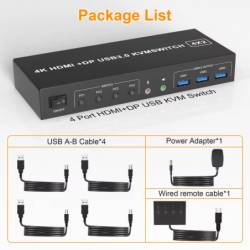 4 Ports HDMI & DisplayPort KVM Switch, 4K, Supports Multi Monitor, 3x USB