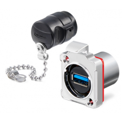 USB 3.0 vanntett chassiskontakt. Trykknapputløser. Metall. USB hunn/hunn. 24 mm hull