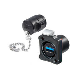 USB 3.0 vanntett chassiskontakt, push-release. Svart anodisert. USB hunn/hunn. 24 mm hull