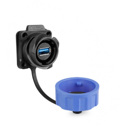 USB 3.0 vanntett chassiskontakt med bajonett. Plast. USB hunn/hunn. 24 mm hull