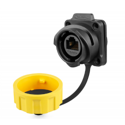 Vanntett RJ45 chassiskontakt. IP67, 24 mm, flens for 4 skruer. RJ45 hunn/hunn. Hurtigkobling
