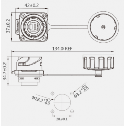 Vanntett RJ45 chassiskontakt. IP67, 24 mm, flens for 4 skruer. RJ45 hunn/hunn. Hurtigkobling