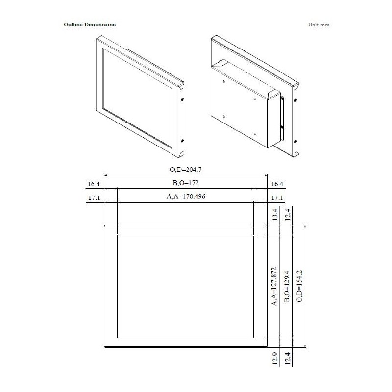 8,4" TFT-skjerm for utendørs bruk med høye nett, 1600, 12V VGA, DVI-D, HDMI-berøring, optisk binding