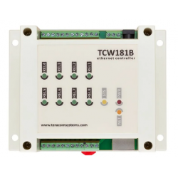 Teracom TCW181B-CM med 8 reléer NO og NC med opptil 3 Amp, enten AC eller DC strøm.