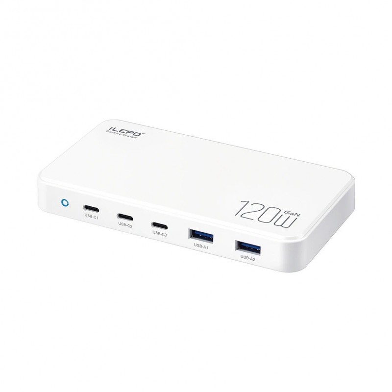 GaN PD USB Charger 3 USB-C, 2 USB-A, 5 ports 120Watt Fast Charger