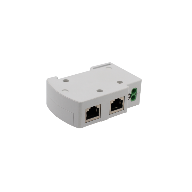 RJ45 overspenningsvern, PoE 10/100/1000Mbit. 0,2dB tap. 2,5kA, DIN-montering.