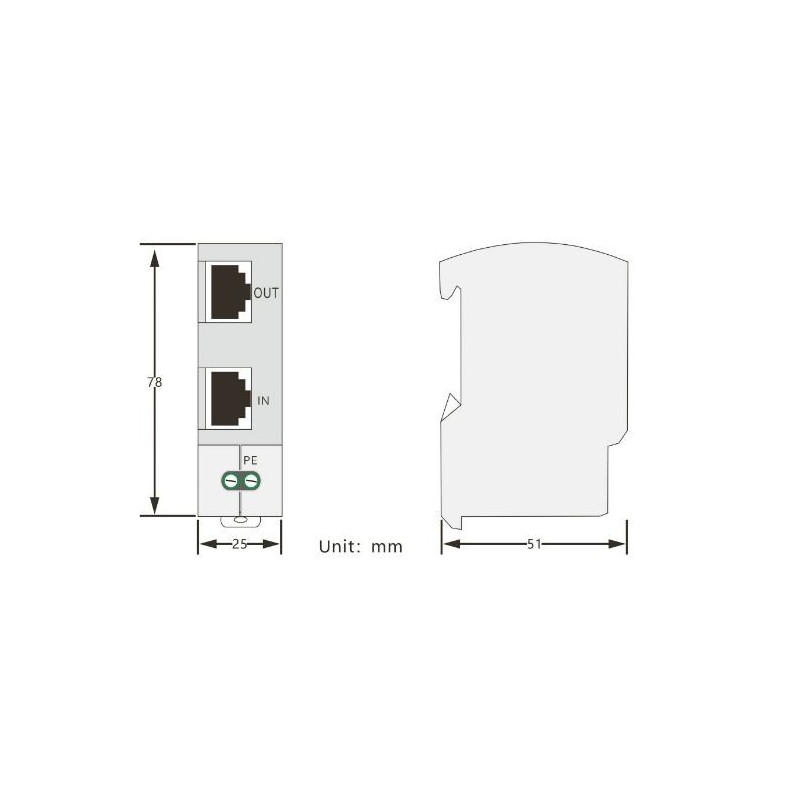 RJ45 overspenningsvern, PoE 10/100/1000Mbit. 0,2dB tap. 2,5kA, DIN-montering.
