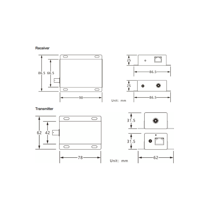 PoE-forlenger for koaksialkabel, 100 Mbps, opptil 500 meter. 48–56 VDC inngang