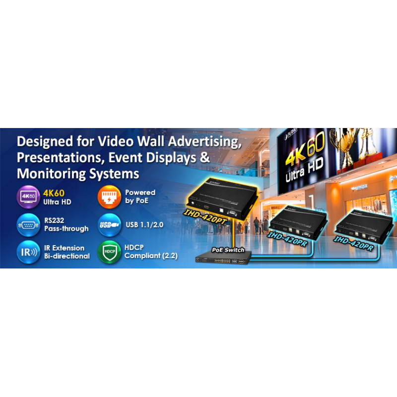 HDMI 4K60 KVM-mottaker over IP med PoE, USB for tastatur, mus og berøringsskjerm