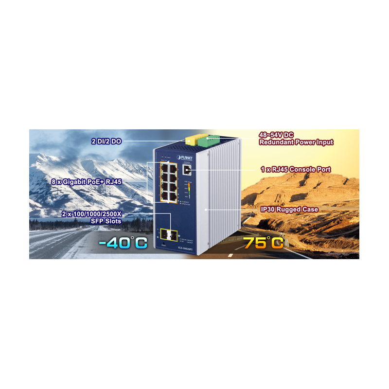 8-porters administrert svitsj, 8 x 10/100/1000 Mbit RJ45. Fiber, 2 x 100/1000/2500 Mbit SFP-spor, PoE+, tidssynkronisering