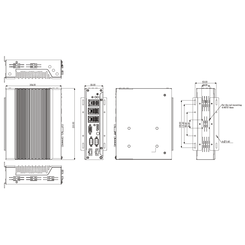 Embedded PC vifteløs 14./13./12., i5, i7, RS232, RS422, RS485, 8xUSB, 3xLAN, HDMI, DP, DIN-montering, DC 12~24V