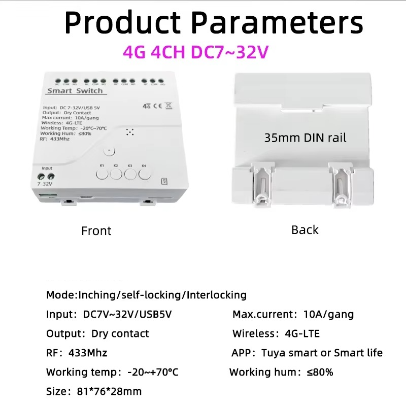 4G LTE Smart Relébryter med Tuya App-kontroll, RF 433Mhz