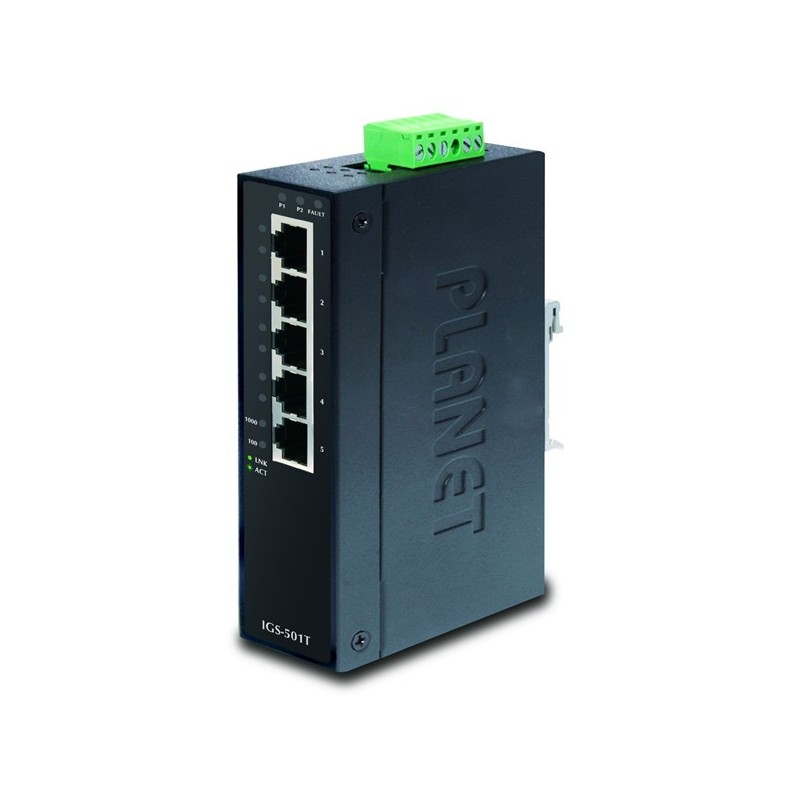 Ikke-administrert 5-ports Gigabit RJ45-svitsj -40 til 75 °C, redundant DC