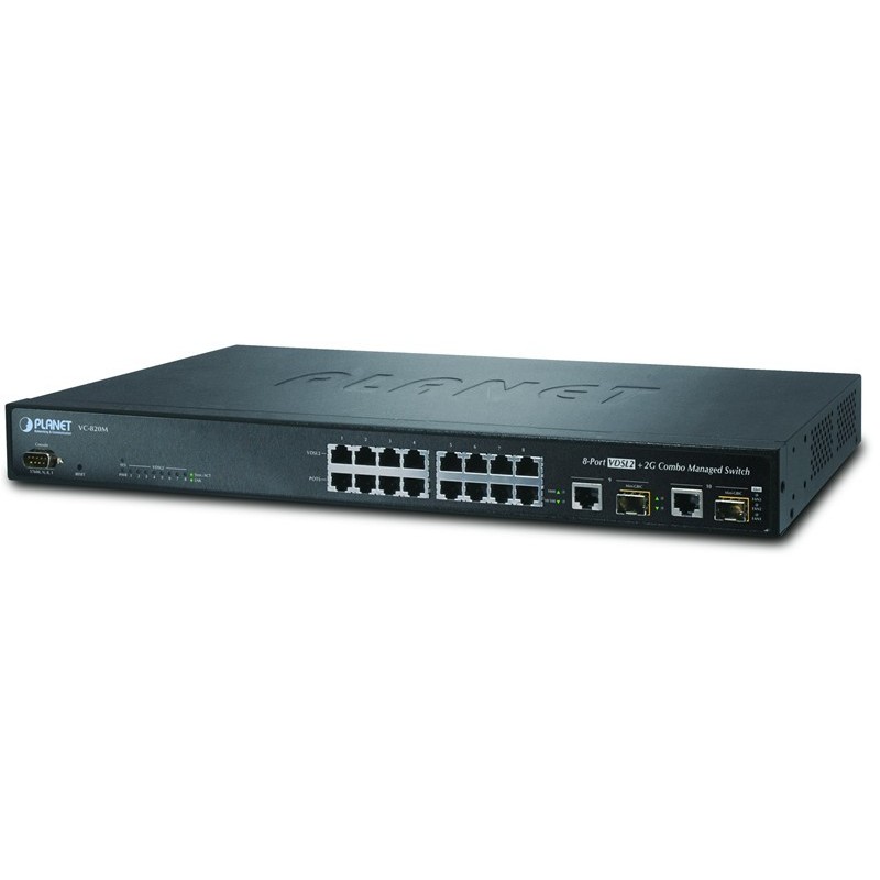 Ethernet over 2-wire with 8 ports VDSL2 converter, up to 1km. Built-in 8 port switch, 2 x SFP