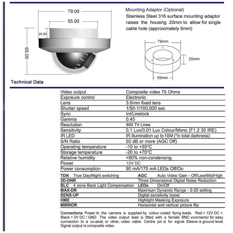 Mye detaljert analog mini-kuppelkamera i rustfritt stål og IP67