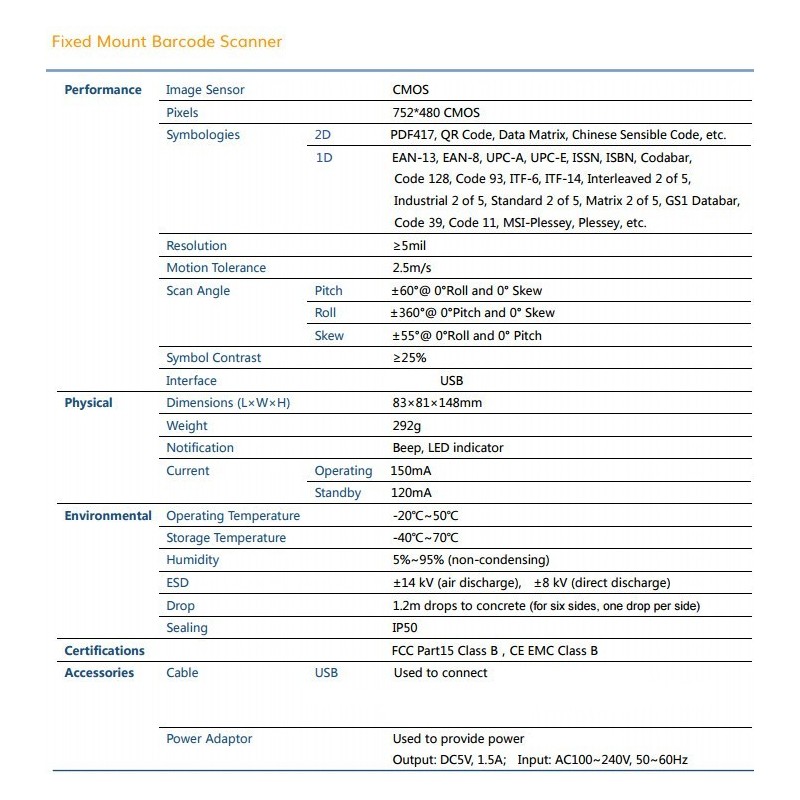 Strekkodeleser for 2D, QR, 1D. Stasjonær med USB eller COM-port. Automatisk skanning av kode