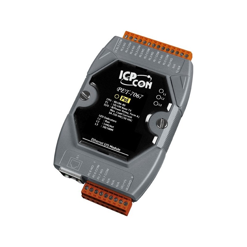 8 x power relay COM NO, 24VDC / 250VAC 5A, 1 x RJ45 Ethernet Modbus