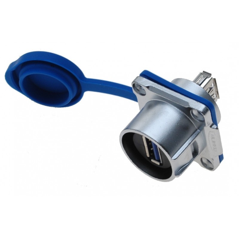 Waterproof USB 3.0 female connector with flange for chassis, IP68 tight with cap, USB female/female