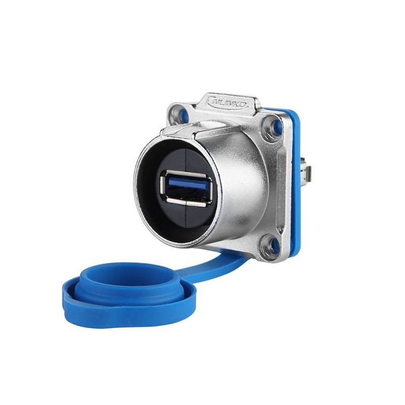 Waterproof USB 3.0 female connector with flange for chassis, IP68 tight with cap, USB female/female
