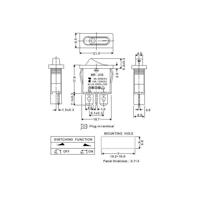 4-polet vippebryteren 13 x 19 mm PÅ / AV-250VAC 6A PÅ-bryteren