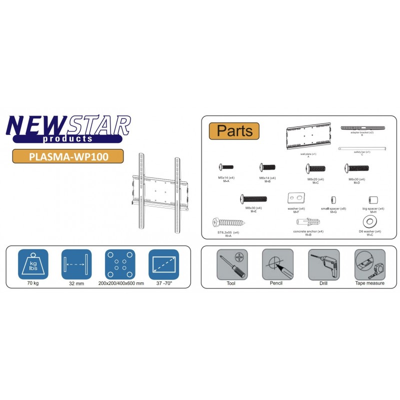 Veggfeste for TV tft flatskjerm 32-70" opp til 70 kg